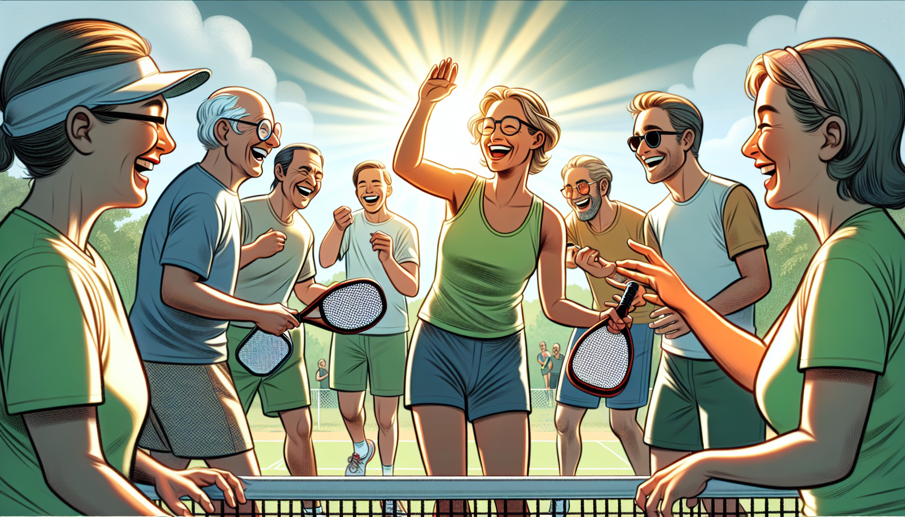 Cartoon depicting pickleball players enjoying the mental health benefits